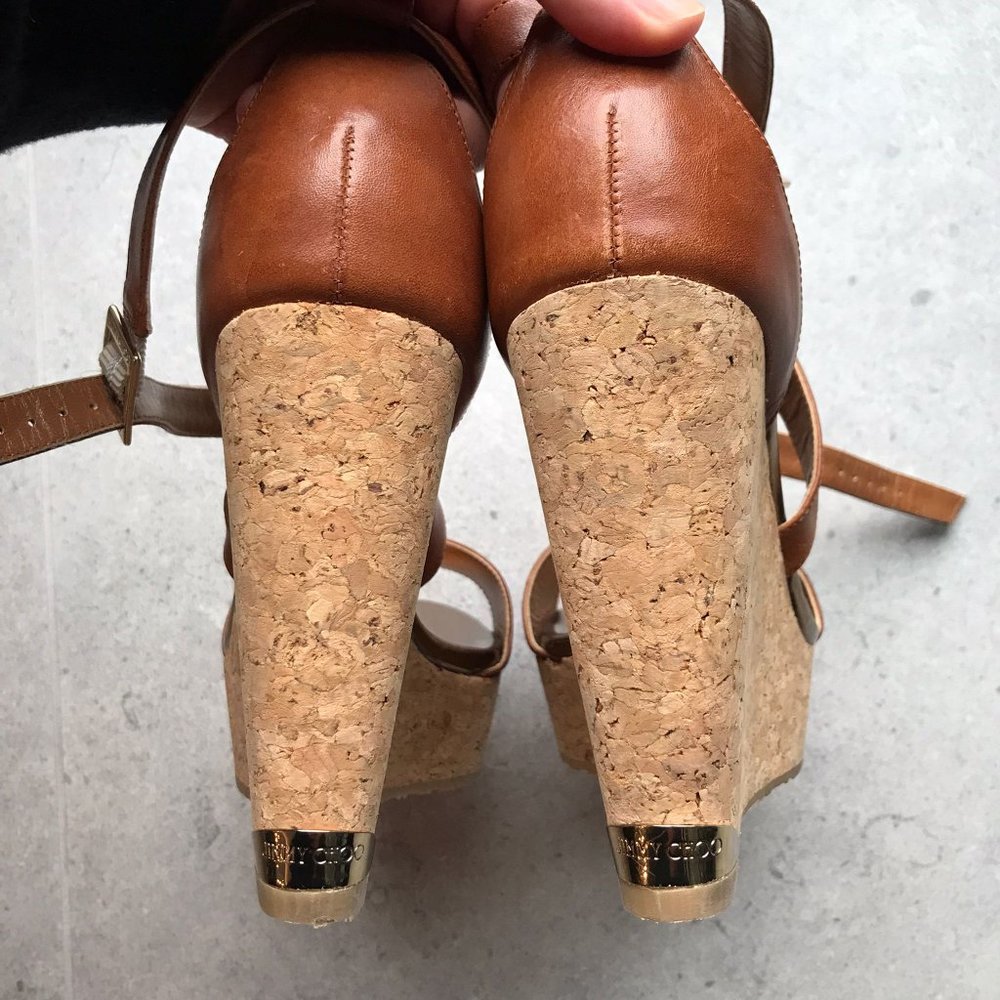 EUC Jimmy Choo Portia Crisscross Cork Wedge Canyon tan leather - Picture 11 of 12